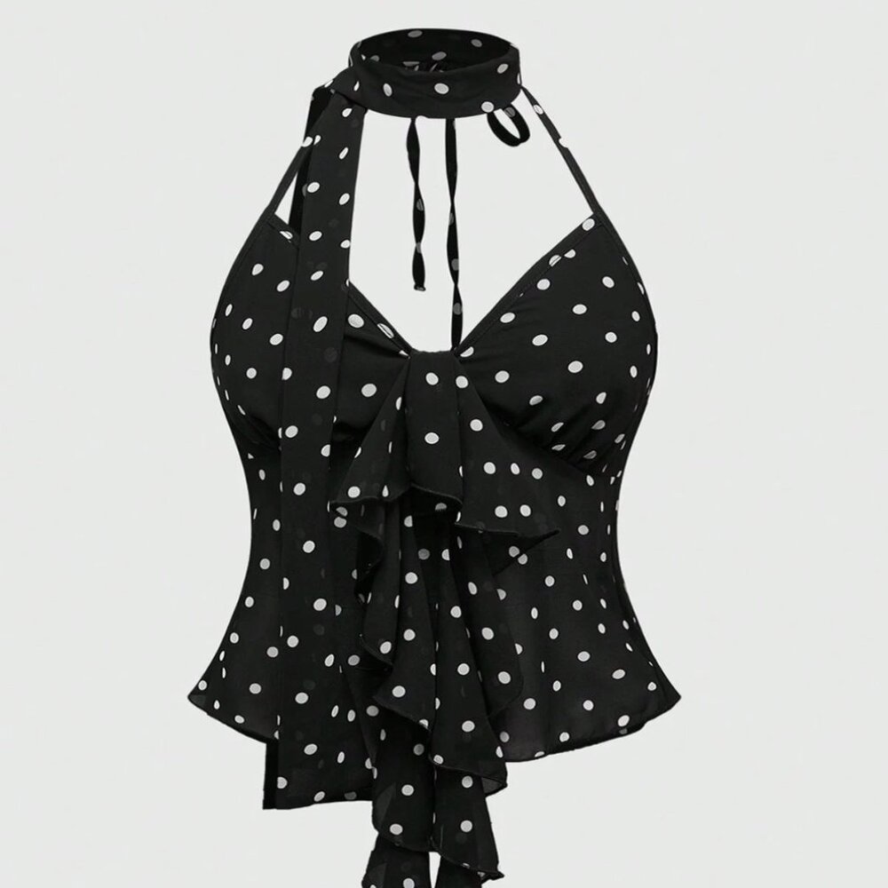 Polka Dot Printed Ruffle Trim Halter Neck Tank Top